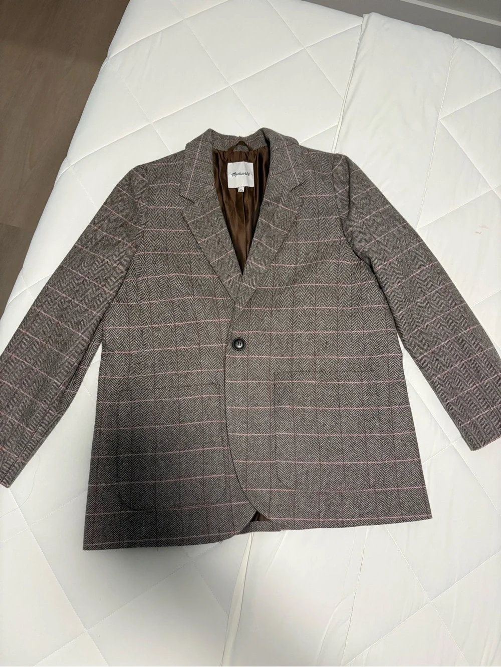 Madewell Brown Windowpane Blazer with Pink Accents